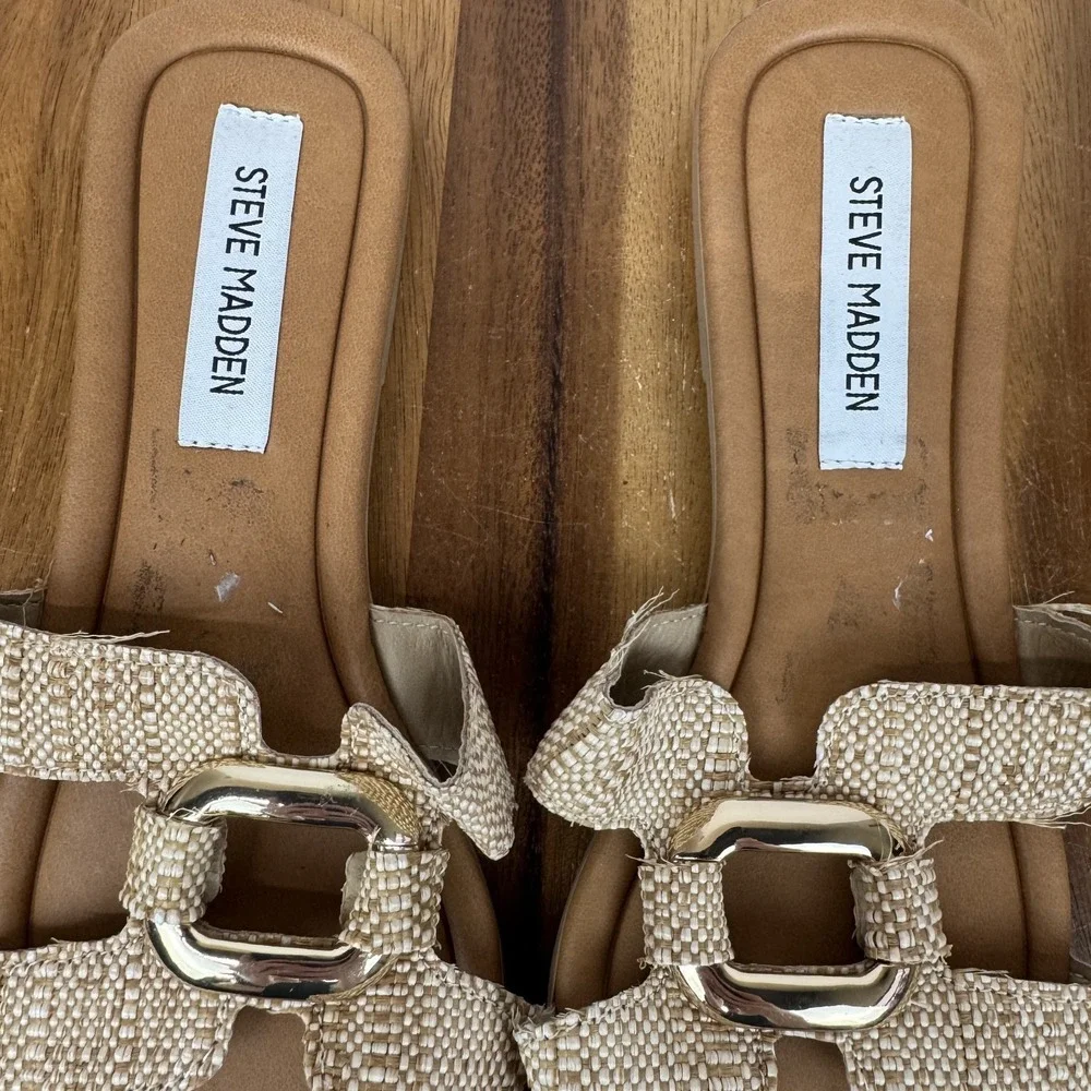 Womens Steve Madden Composure Beige Raffia Slip On Casual Slide Sandals Size 9 M